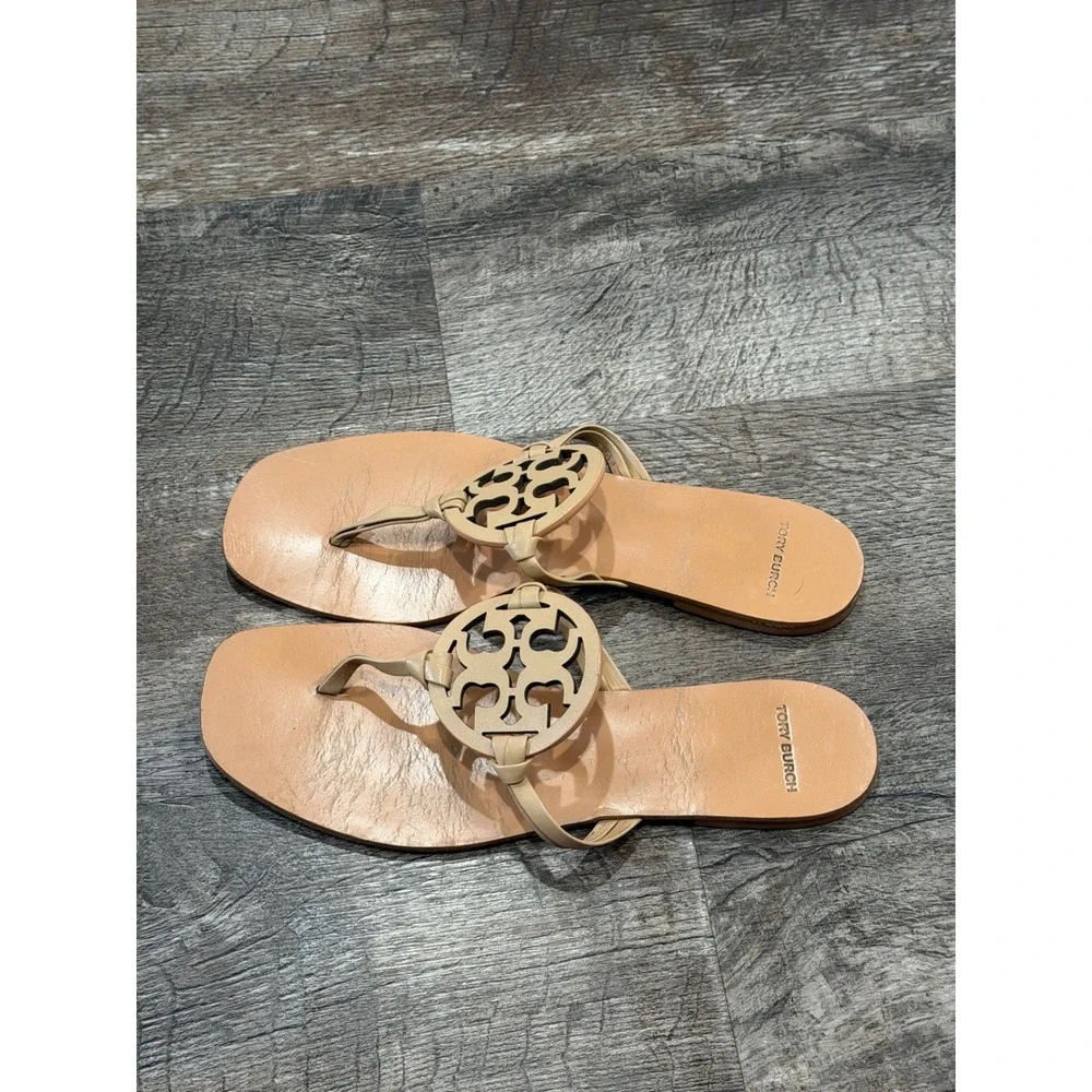 Tory Burch Miller Leather Logo Thong Sandals Sand Beige Womens 8.5M